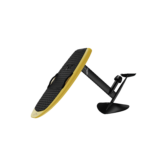 Angled front view of LIFT5 4’4 Pro eFoil in Sunkissed Yellow with full carbon mast, LCS Jet propulsion, and dual foot straps