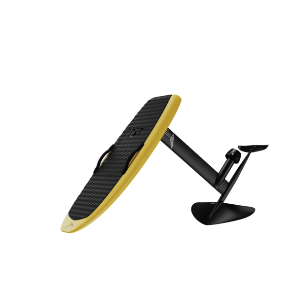 Angled front view of LIFT5 4’4 Pro eFoil in Sunkissed Yellow with full carbon mast, LCS Jet propulsion, and dual foot straps